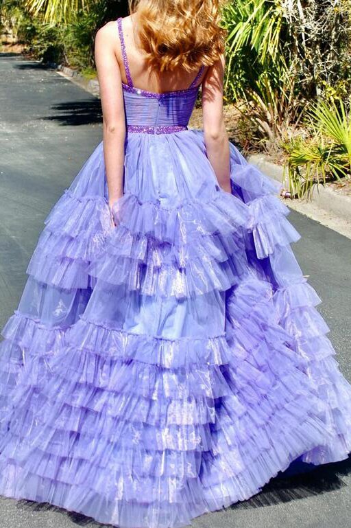 Spaghetti Straps Lavender Tiered Tulle Long Prom Dress With Beading