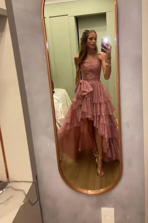 A Line Rose Gold Sequin High-Low Dress with Bowknot, Strapless Evening Gown