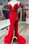 Spaghetti Straps Plunge V Red Applique Mermaid Prom Dresses, Slit Long Formal Dress