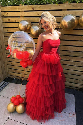 Strapless Red Tiered Prom Dress A-Line Princess Graduation Gown with Ruched