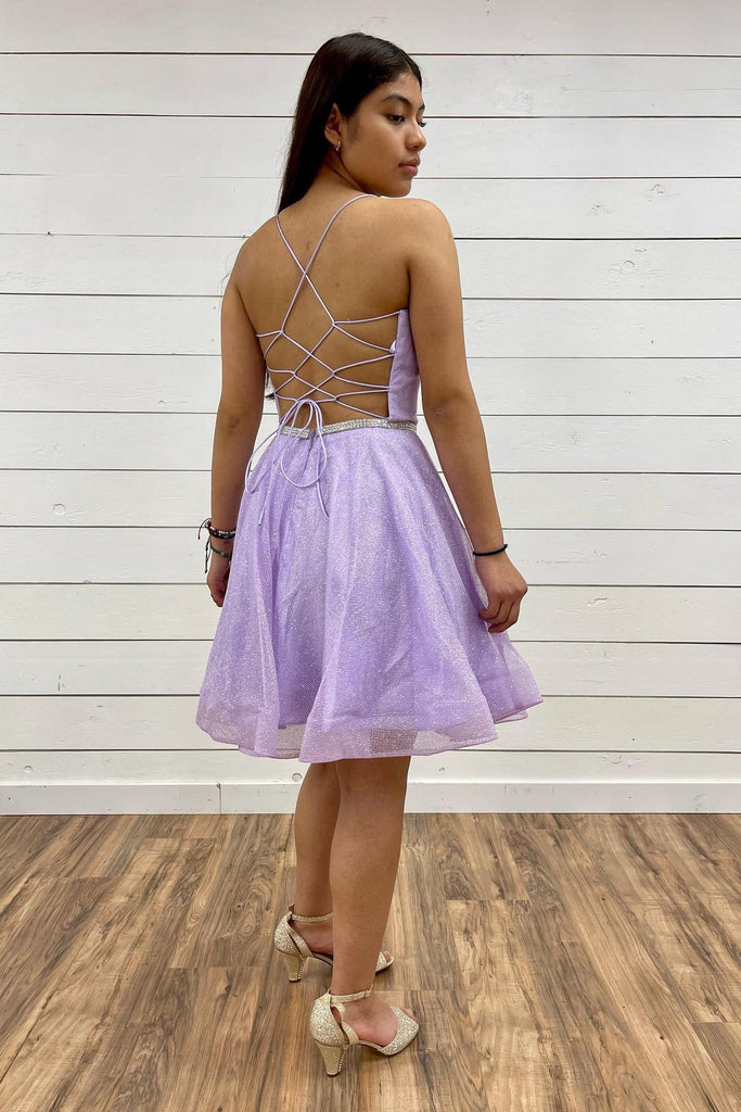 A-Line/Princess V Neck Lilac Sleeveless Short/Mini Tulle Homecoming Dress With Belt