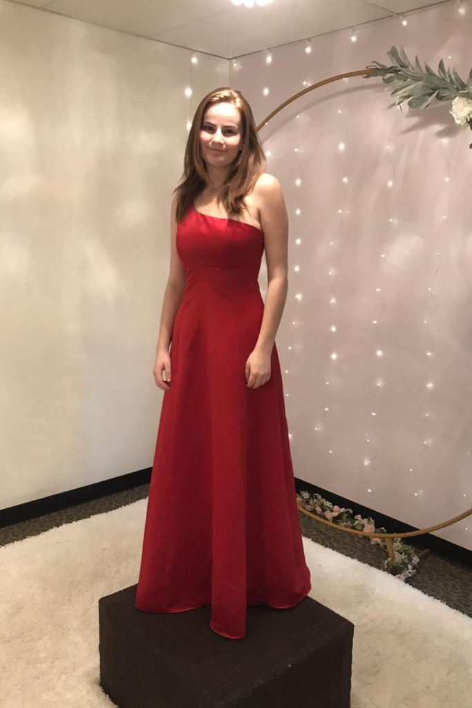 Simple Red One Shoulder Satin Long Prom Dress A Line Formal Dress