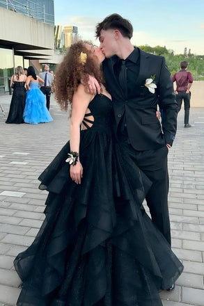 V-Neck Spaghetti Straps Ball Gown with Strappy Open Back & Cascading Ruffles