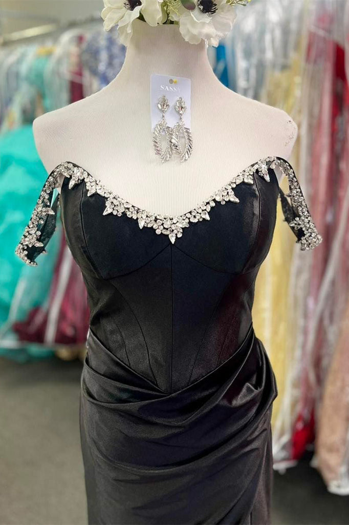 Mermaid Blue Satin Prom Dress Beaded Long Evening Dress With Slit