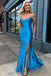 Mermaid Blue Satin Prom Dress Beaded Long Evening Dress With Slit