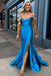 Mermaid Blue Satin Prom Dress Beaded Long Evening Dress With Slit