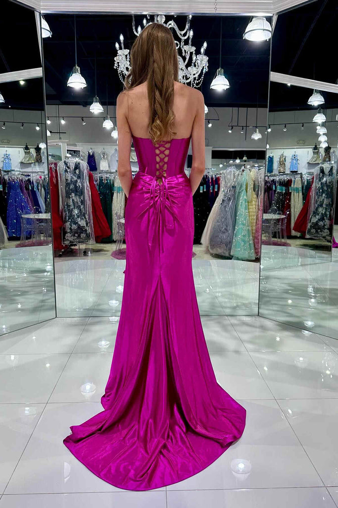 Mermaid Red Strapless Prom Dress Ruched Long Formal Dress With Slit
