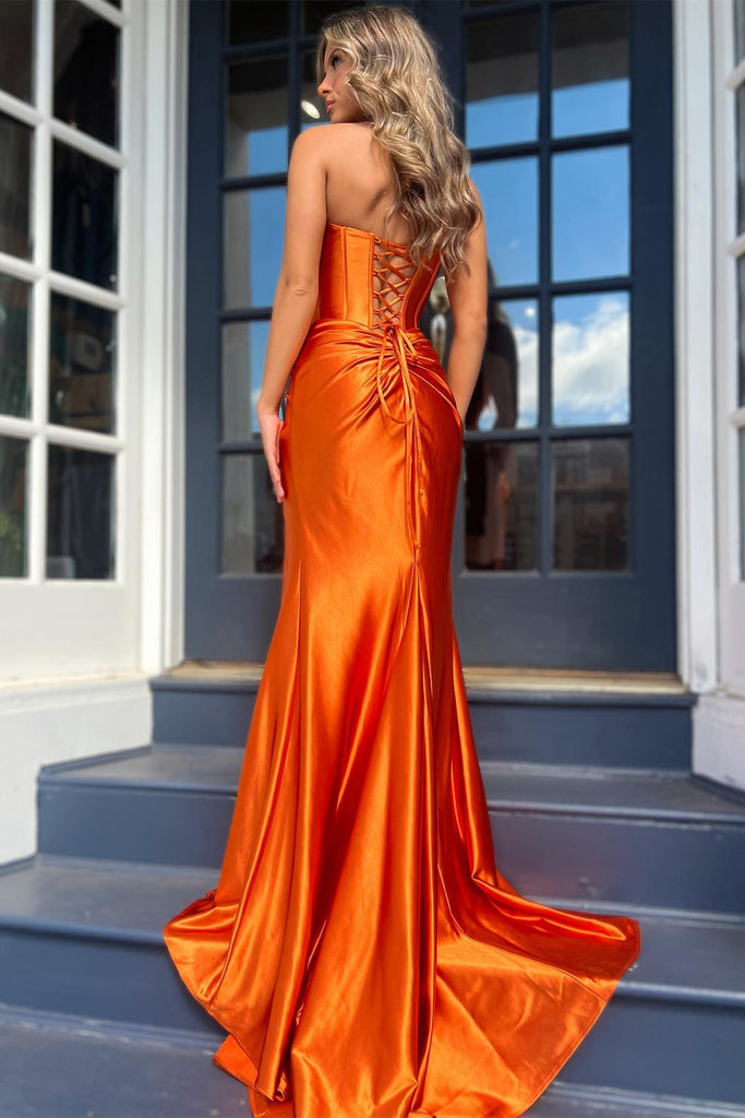 Mermaid Red Strapless Prom Dress Ruched Long Formal Dress With Slit
