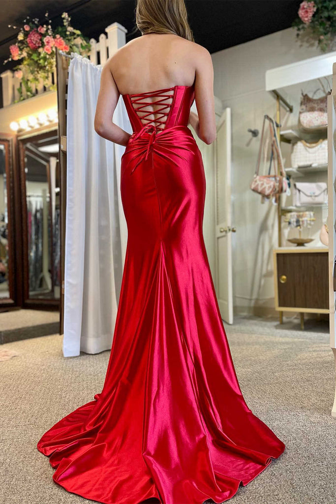 Mermaid Red Strapless Prom Dress Ruched Long Formal Dress With Slit