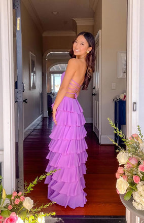 Long Purple Prom Dress Ruffles Strapless A Line Party Dress with Slit