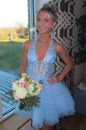 Halter Blue A Line Dress Gold Appliques Short Homecoming Dress with Ruffles