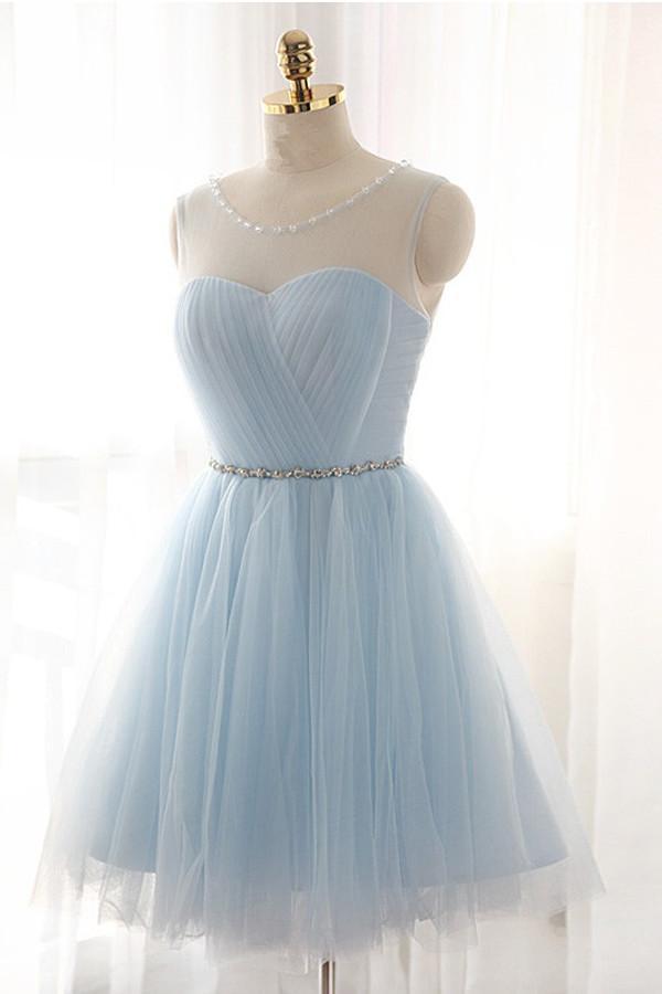light blue tulle short sweet 16 dress homecoming dress with beading dth96