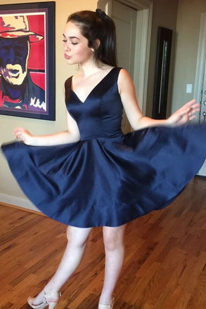 simple dark navy homecoming dresses v-neck satin short prom dress dth303