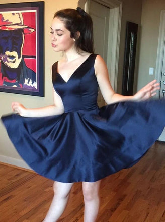 Simple Dark Navy Homecoming Dresses V-neck Satin Short Prom Dress