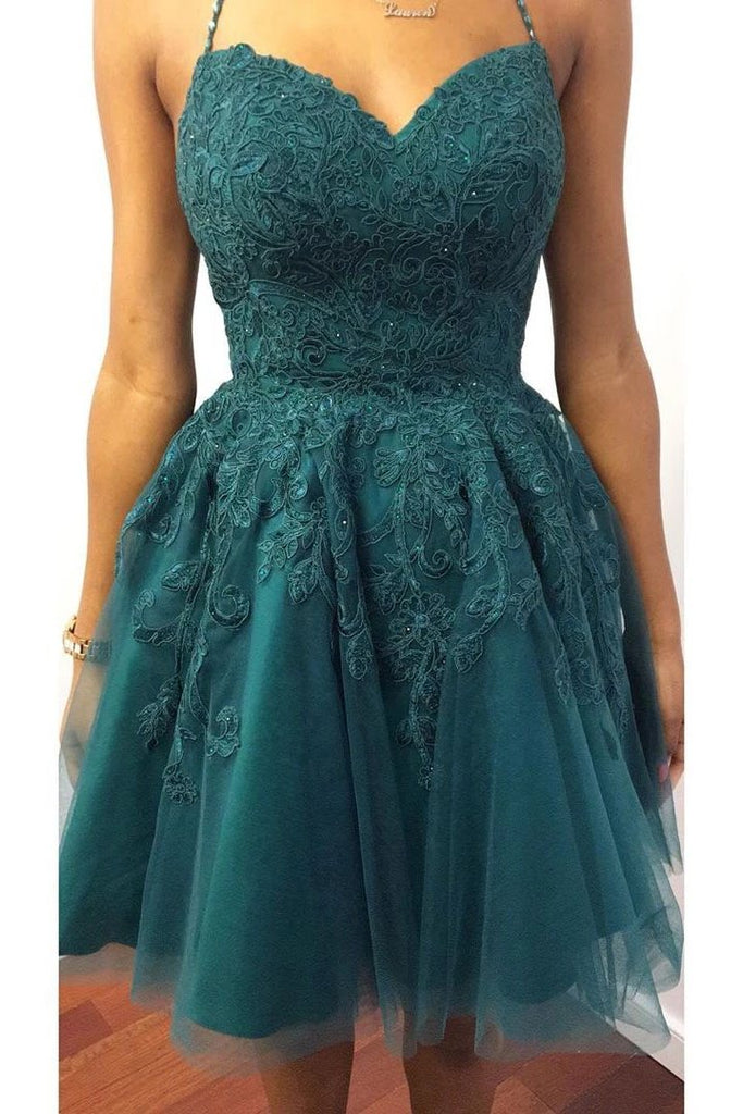 spaghetti-straps tulle short prom dress backless homecoming dresses dth302
