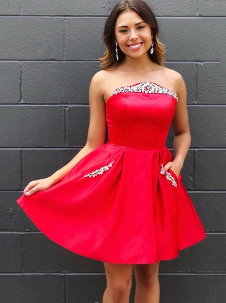 Strapless Homecoming Dress, Fuchsia Short Prom Dress With Beading Pockets