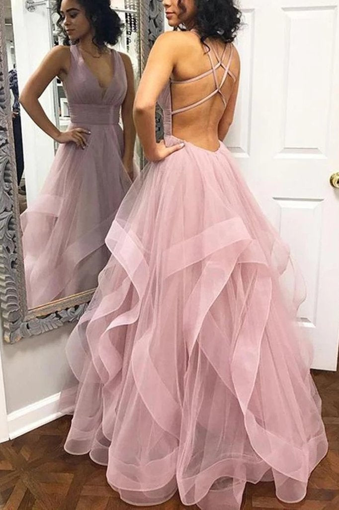 backless ruffles graduation dress a-line v neck dusty pink long prom dresses with straps dtp776