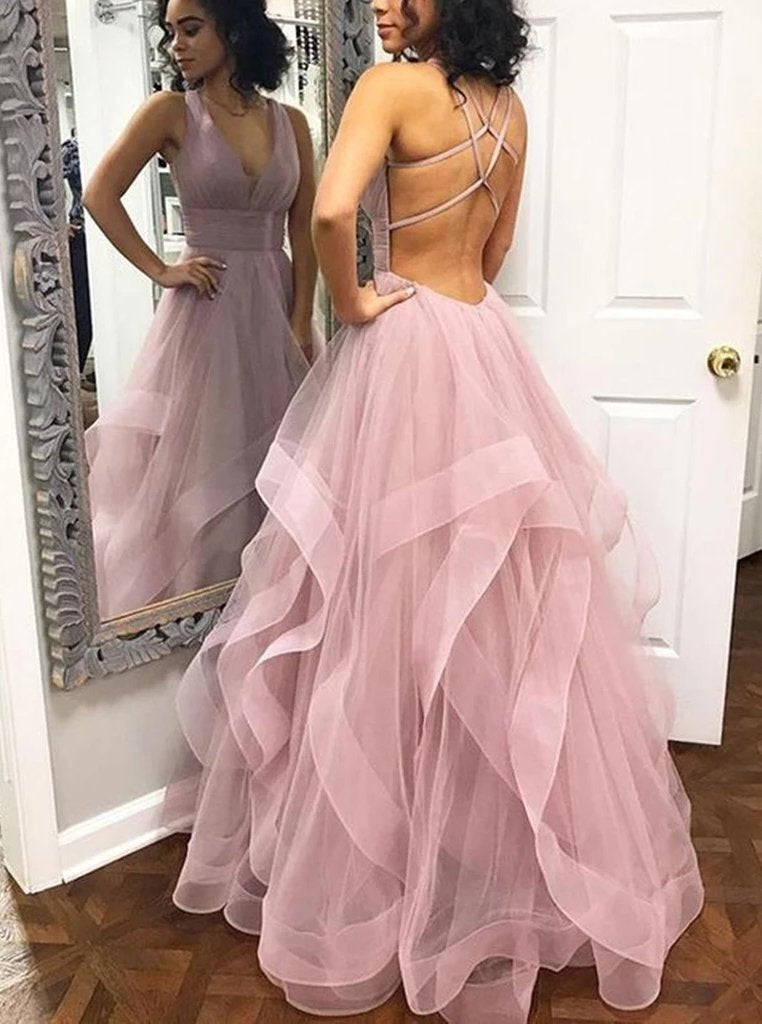 A Line V Neck Dusty Pink Long Prom Dresses With Straps, Backless Ruffles Graduation Dress