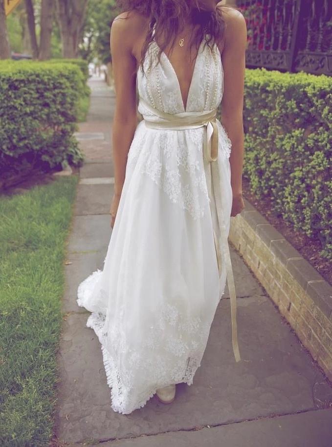 A Line V Neck Beach Wedding Dresses, Backless Bridal Dress With Pearls