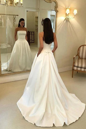 long bridal dress with pockets simple satin strapless wedding dresses dtw241