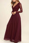 Flowy Lace Chiffon V-Neck Backless Long Sleeves Burgundy Bridesmaid Dresses