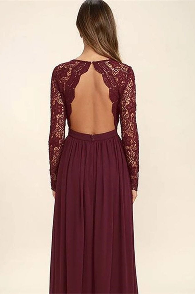 Flowy Lace Chiffon V-Neck Backless Long Sleeves Burgundy Bridesmaid Dresses