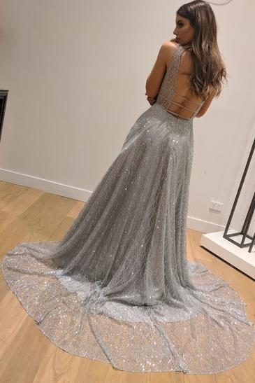 Dazzling Silver Sequins Prom Dresses Backless Formal Engagement Dress