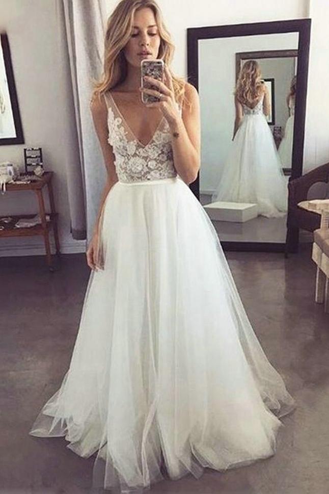 custom made v-neck tulle beach wedding dresses with appliques dtw272
