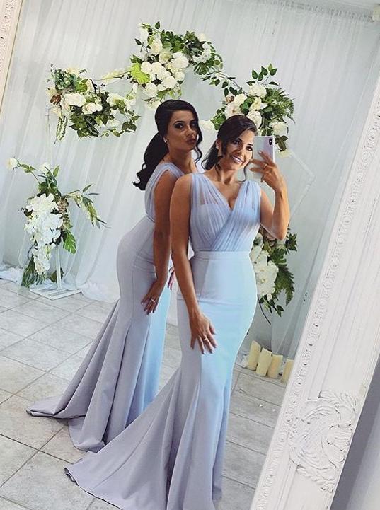 Mermaid V-neck Long Bridesmaid Dresses, Blue Wedding Party Dress
