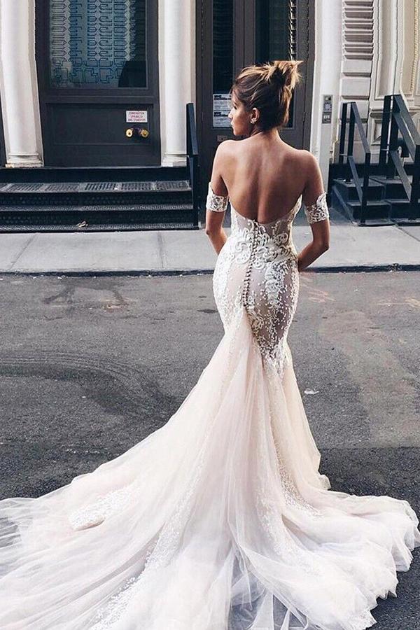 tulle sophisticated mermaid sweetheart lace backless wedding dress dtw201