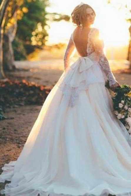 Princess Long Sleeves Ball Gown Bateau Backless Wedding Dress with Lace