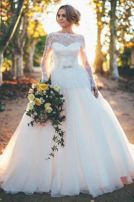 princess long sleeves ball gown bateau backless wedding dress with lace dtw260