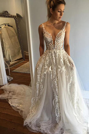 a-line deep v-neck lace appliques wedding dresses with pockets dtw203