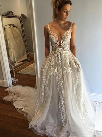 A-line Deep V-Neck Lace Appliques Wedding Dresses with Pockets