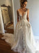 A-line Deep V-Neck Lace Appliques Wedding Dresses with Pockets