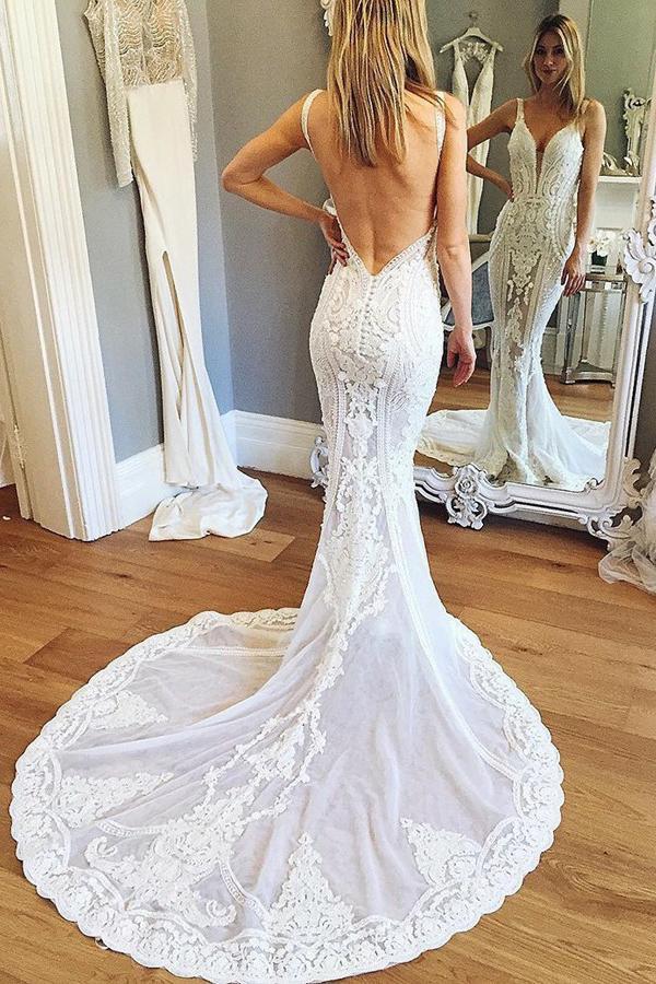 Mermaid V-Neck Backless Wedding Dresses with Lace Appliques