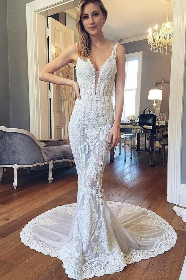 mermaid v-neck backless wedding dresses with lace appliques dtw204