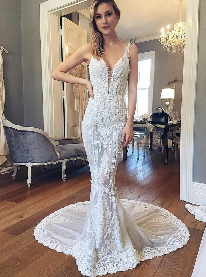 Mermaid V-Neck Backless Wedding Dresses with Lace Appliques