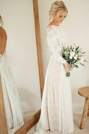 Bohemian Bateau Long Sleeves Backless Lace Wedding Dresses