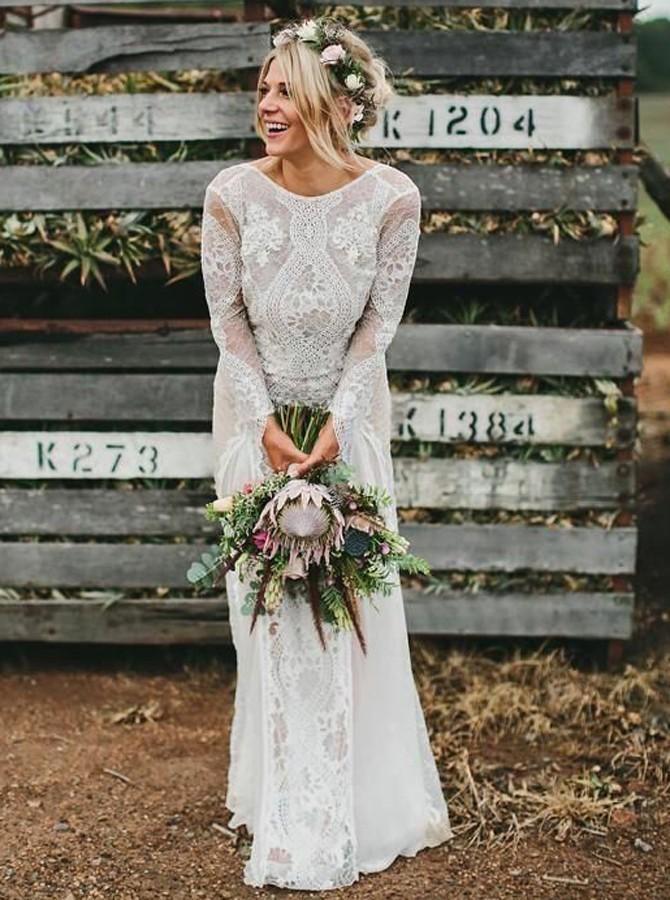 Bohemian Bateau Long Sleeves Backless Lace Wedding Dresses DTW205 –