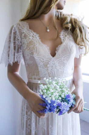 a-line v-neck short sleeves backless lace beach wedding dress dtw206