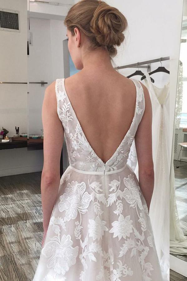 Elegant A-Line V-Neck Backless Appliques Wedding Dresses