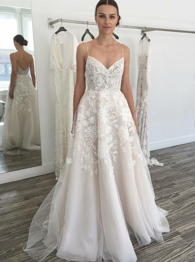 A-Line Spaghetti Tulle Backless Wedding Dress with Appliques