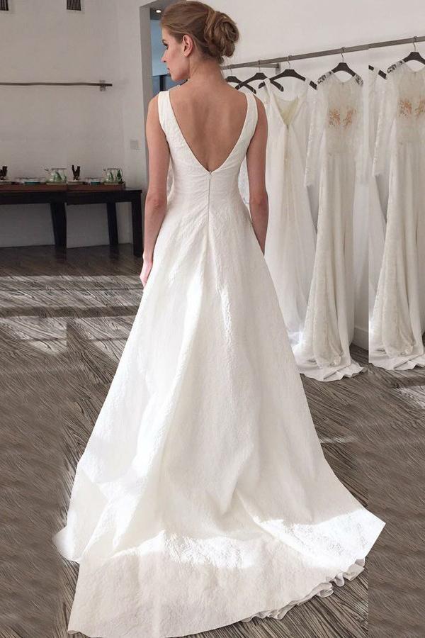 A-Line Illusion Bateau V-Back Printed Satin Wedding Dress