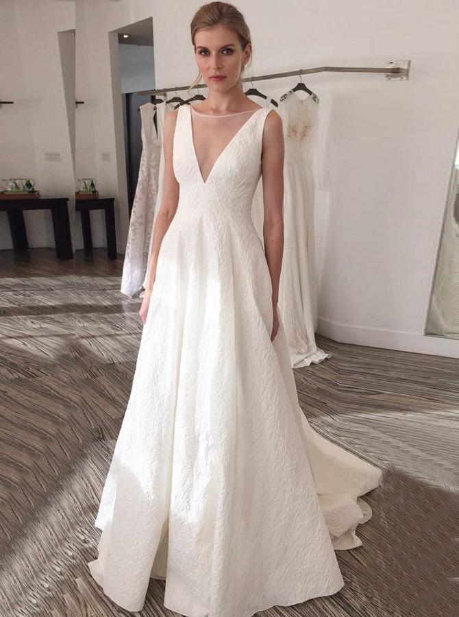 A-Line Illusion Bateau V-Back Printed Satin Wedding Dress