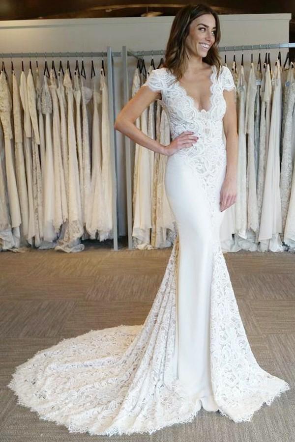 mermaid v-neck backless bridal gown lace short sleeves wedding dress dtw212