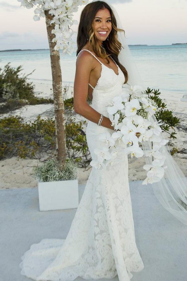 spaghetti straps lace backless beach mermaid wedding dress dtw213