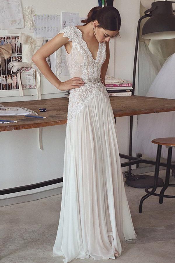 a-line v-neck chiffon lace backless wedding dress with beading dtw215