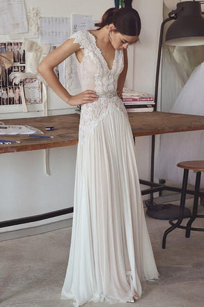 a-line v-neck chiffon lace backless wedding dress with beading dtw215