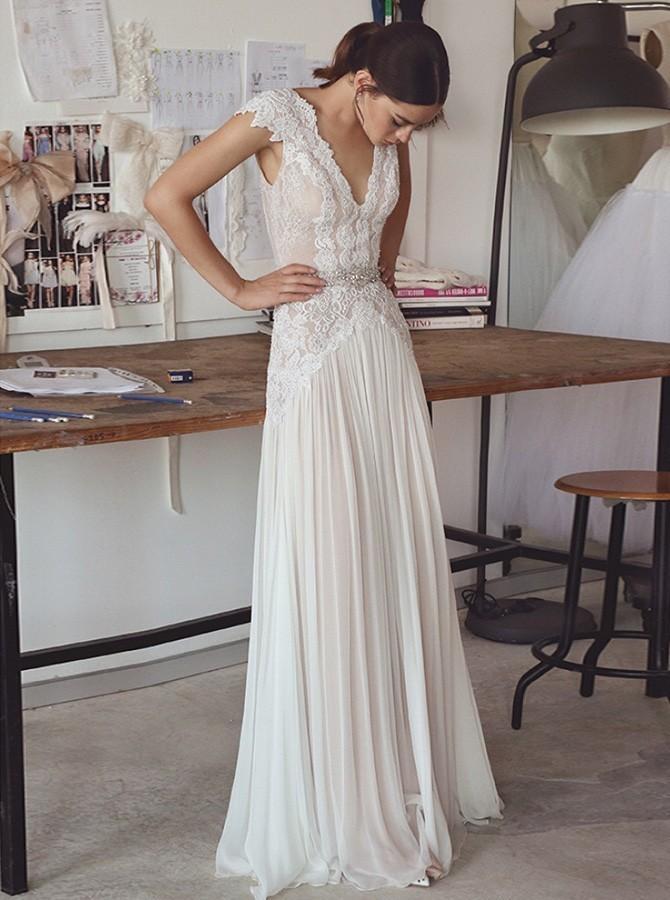 A Line V Neck Chiffon Lace Backless Wedding Dress with Beading DTW215 DressTok